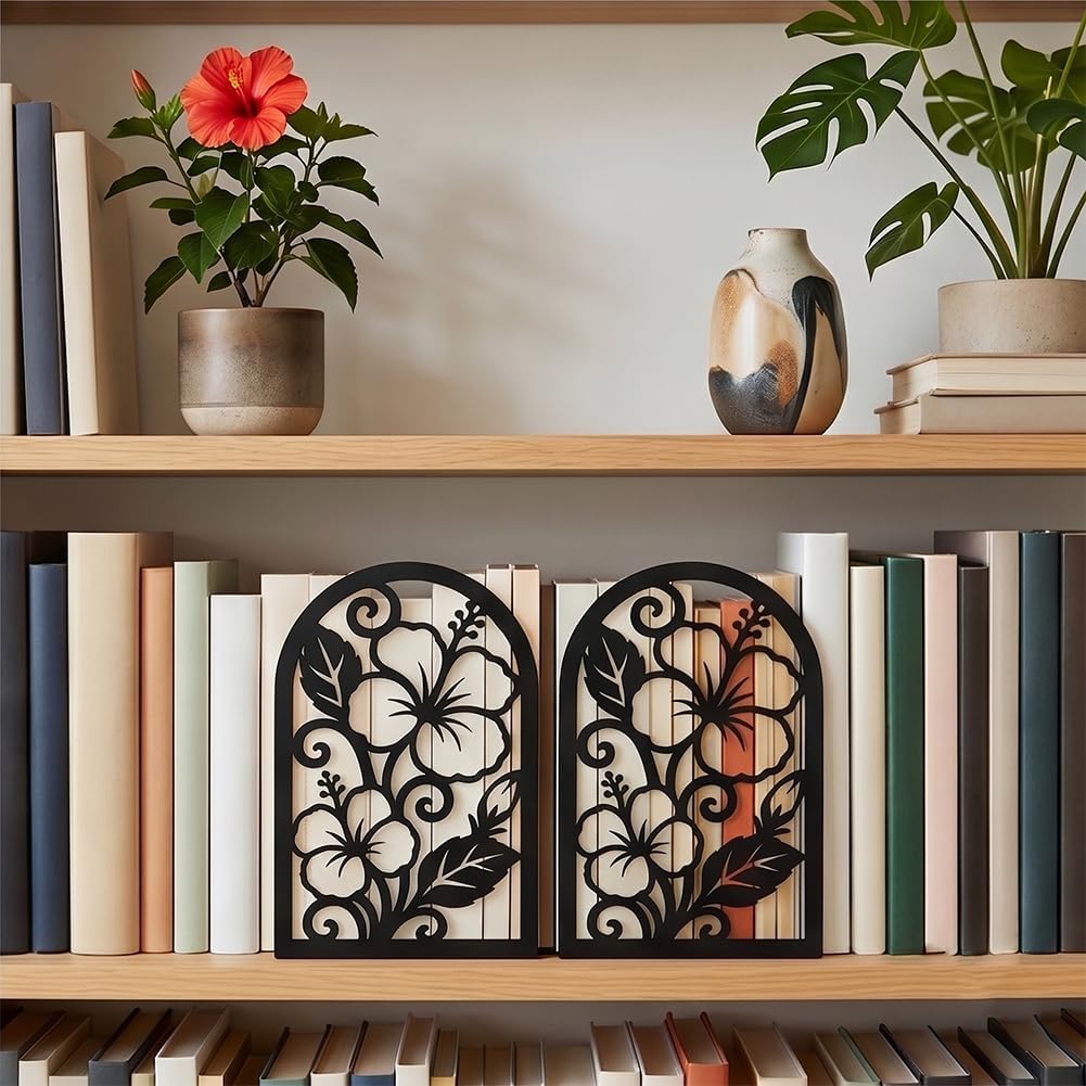 1 Pairs Hibiscus Floral Motifs Black Metal Bookends for Shelves