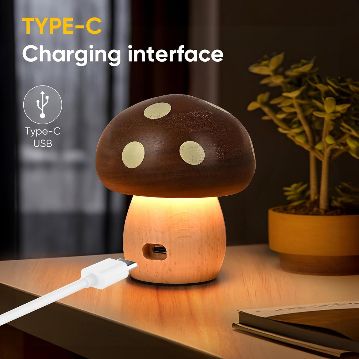 Wood Mushroom Lamp, Rechargeable Small Bedside Lamp for Nursery Bedroom