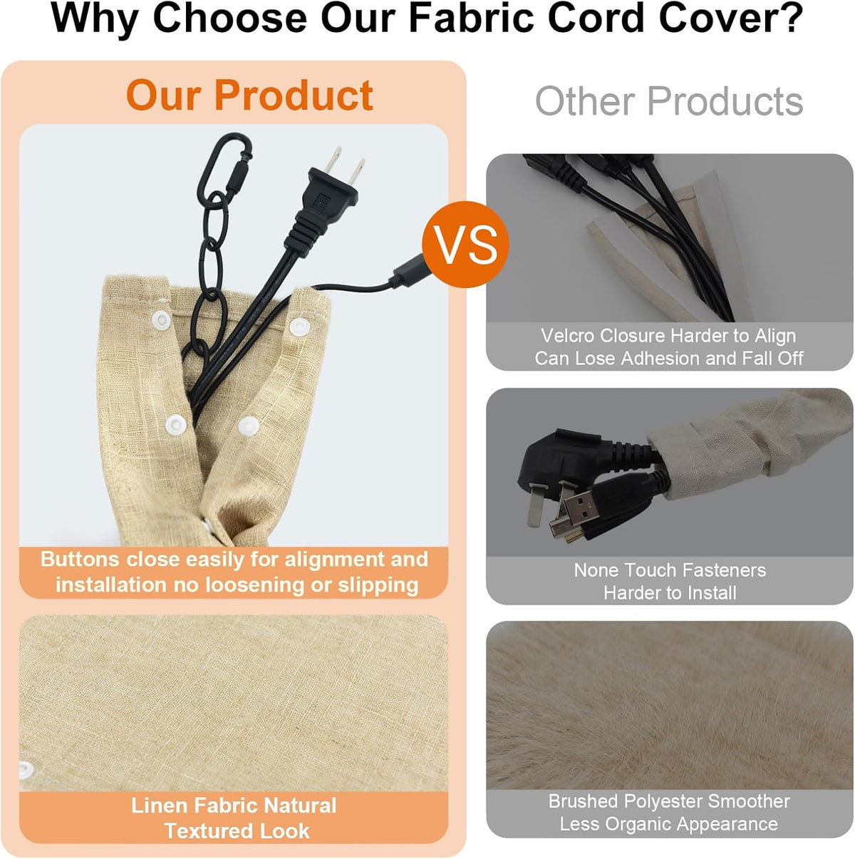 Beige Linen Fabric Cord Cover, Electrical Cord Cover and Chandelier Chain Cover, 1 Pack 70.8 in with Button Snap Closure