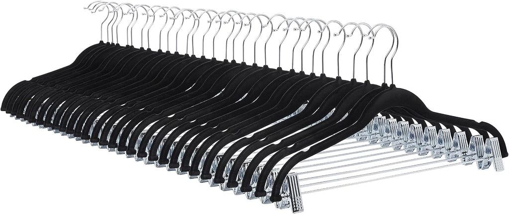 Amazon Basics Velvet Non-Slip Skirt Clothes Hangers with Clips, 360 Degree Rotatable Hook, Organize Pants and Skirts, Black/Silver, 24-Pack