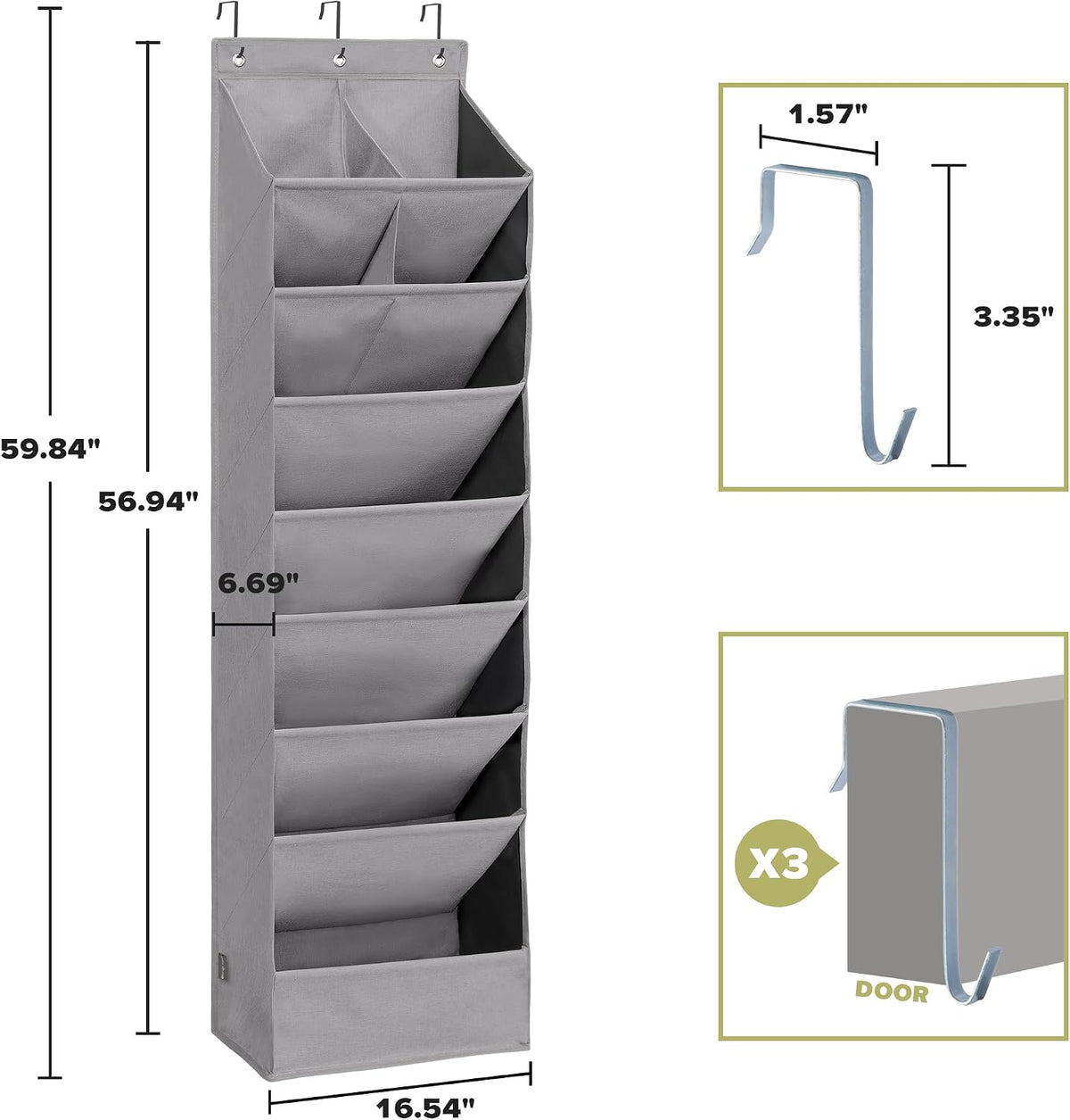 Over Door Organizer with 10 Extra Large Pockets, 23 Pairs Shoes Large Capacity Hanging Storage Organizer for Shoes, Diapers, Dark Grey, 8 Layers, 2-Pack