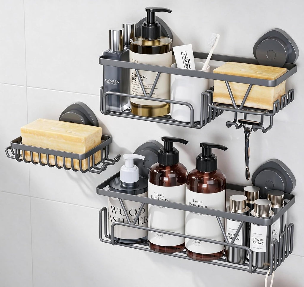 KEGII Suction Cup Shower Caddy 3 Pack, Bathroom Rack Organizer, Gray