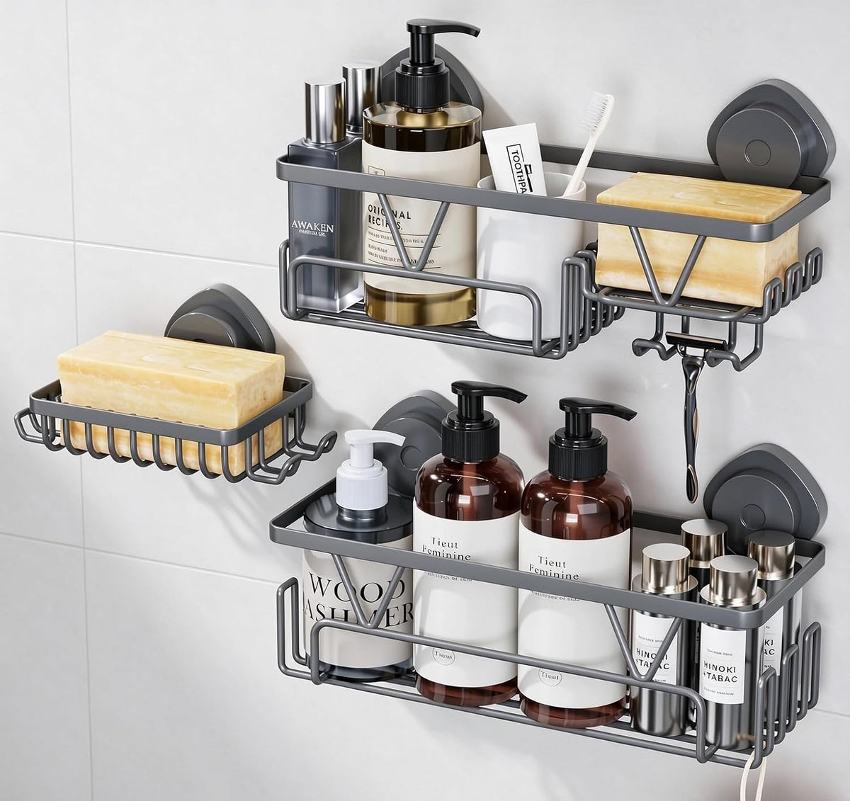 KEGII Suction Cup Shower Caddy 3 Pack, Bathroom Rack Organizer, Gray