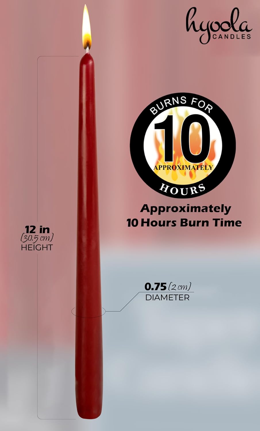 12 Pack Tall Taper Candles - 12 Inch Burgundy Dripless, Unscented Dinner Candle - Paraffin Wax with Cotton Wicks - 10 Hour Burn Time