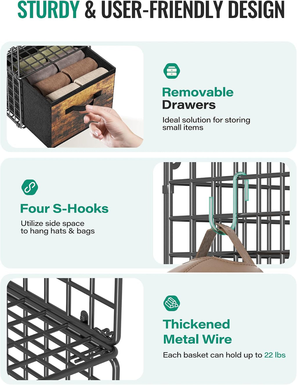 Hanging Closet Organizer with Drawers, 4 Tier Metal Closet Organizers and Storage with 4 Hanging Hooks 4 S-Hooks for Wardrobe Laundry Room, Wire Storage Shelf for Clothes Sweaters Pants (Black)