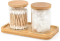 BKYFPQ Glass Qtip Holder Dispenser with Bamboo Vanity Tray