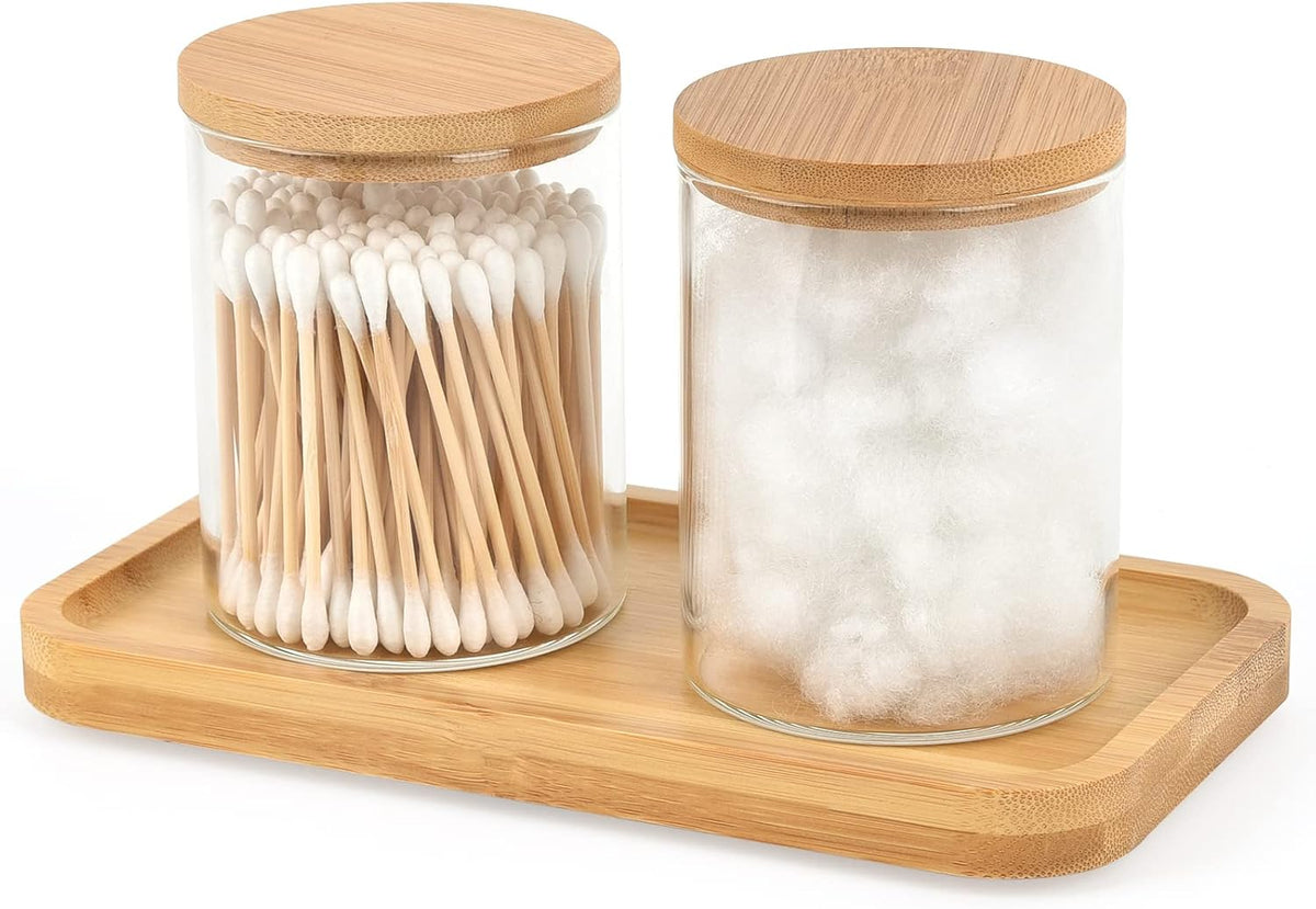 BKYFPQ Glass Qtip Holder Dispenser with Bamboo Vanity Tray