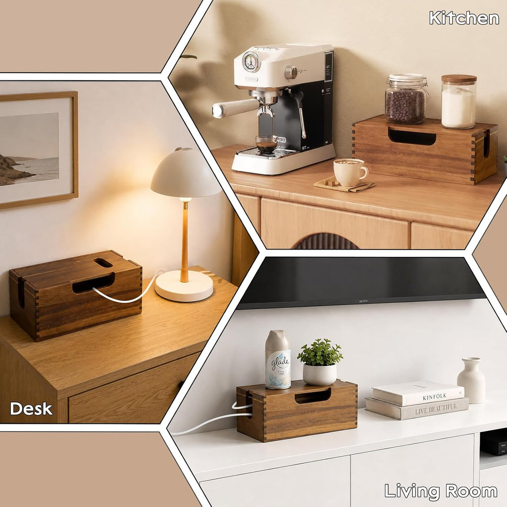 Wood Cable Management Box, Cord Hider Organizer for Power Strip