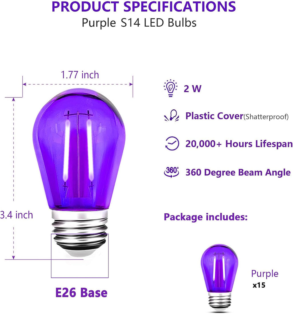 15 Pack S14 LED Purple Light Bulbs, Shatterproof 2 Watt