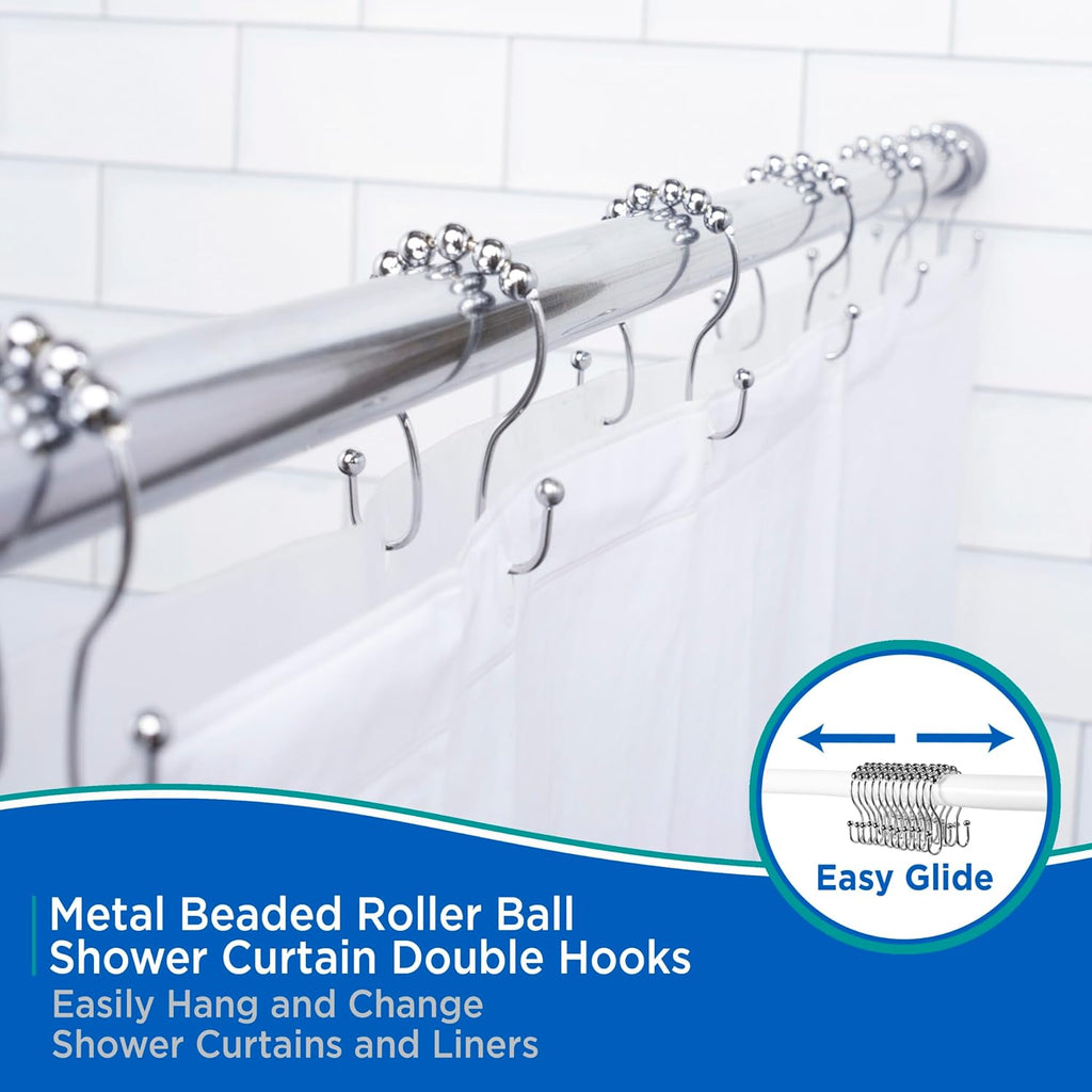 Kenney KN67123 Rust-Resistant Gliding Metal Beaded Shower Curtain Rings with Double Hanging Hooks for Shower Curtain and Standard Shower Curtain Rod, Bathroom Use, Easy to Install, 12-Pack, Chrome