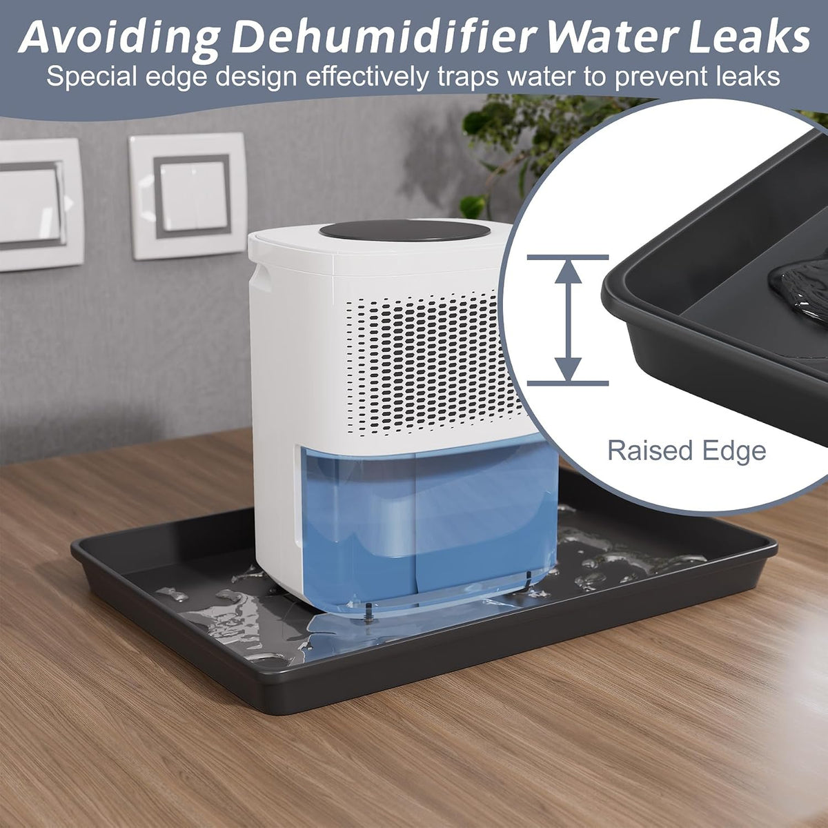 Flamorrow Dehumidifier Mat, Hard Plastic Drip Pan for Home and Basement Dehumidifiers, Dehumidifier Tray with Raised Edge for Leaks, Prevents Water from Pooling Underneath, Black, 13"x9"