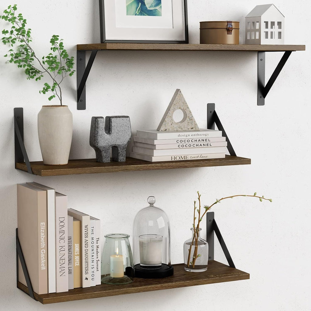 Forbena 24 Inch Long Floating Shelves for Wall Set of 3, Wooden Wall Bookshelf for Bedroom, Large Rustic Wood Hanging Book Shelves for Living Room Plants Kitchen Office Closet Storage (Dark Brown)