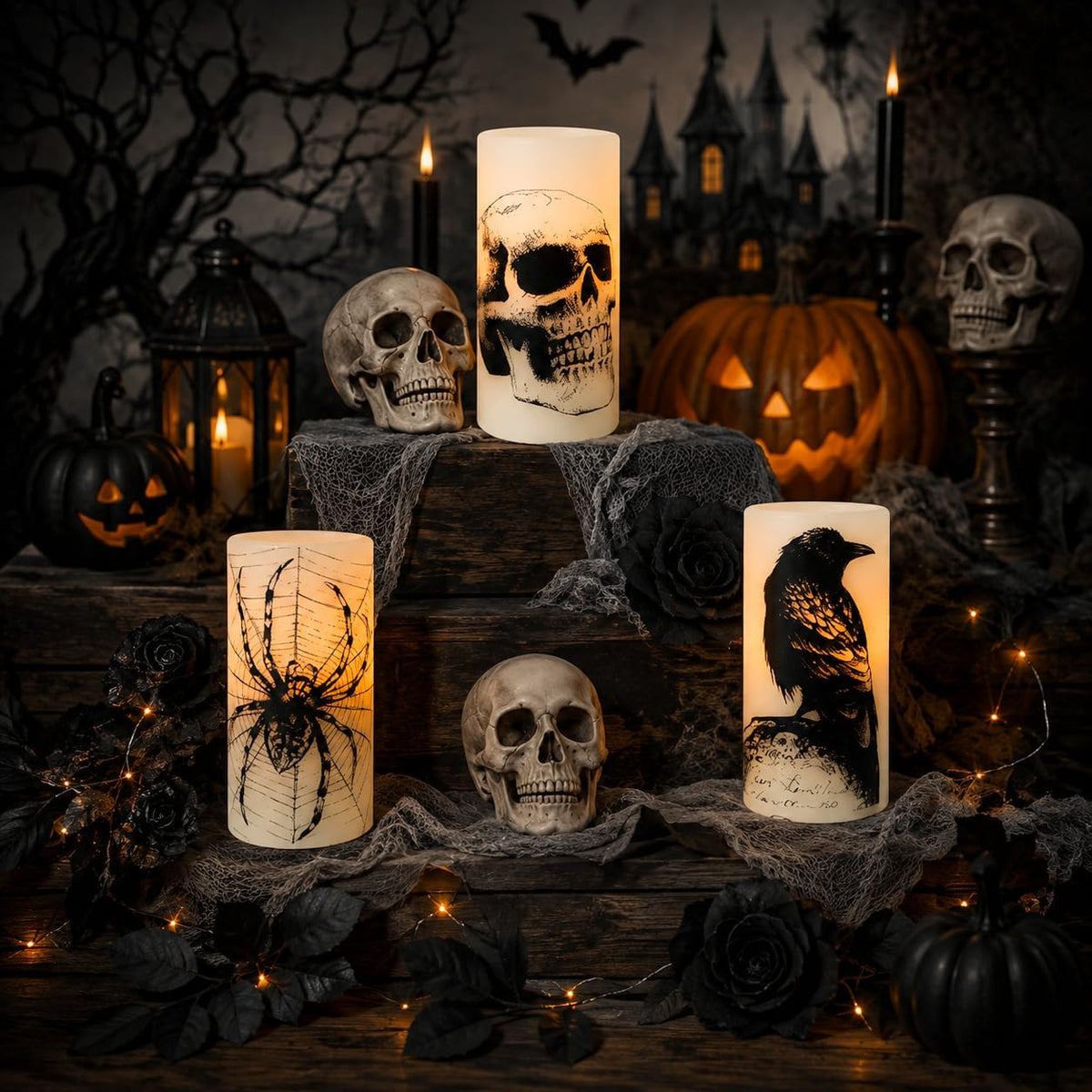 Eldnacele Rechargeable Skull Halloween Flameless Candles with Remote Timer