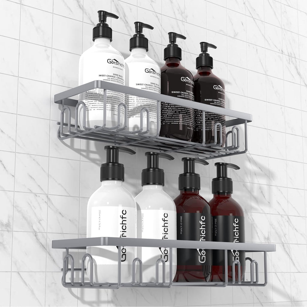 Getsrichfc Shower Caddy Adhesive, Rustproof Shower Shelves for Inside Shower, Large Capacity Bathroom Organizers and Storage, Shower Storage with Removable Hooks, No Drill Bathroom Accessories Grey