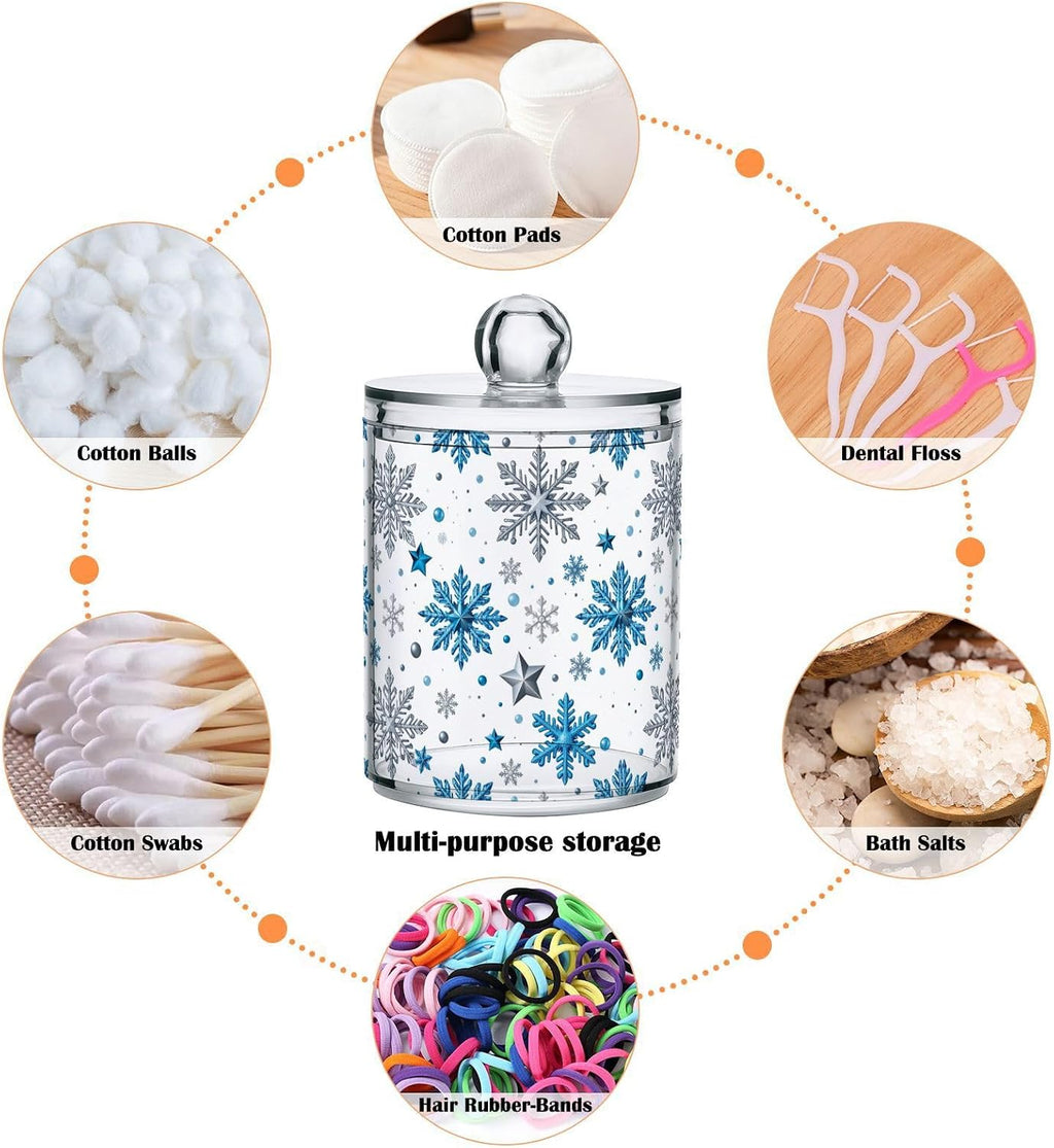 Gredecor Christmas Winter Qtip Holder Dispenser 2 Pack Silver Blue Glitter Snowflakes Bathroom Decorative Storage Canister Holder Counter Vanity Organizer for Cotton Ball Swabs Pads Floss