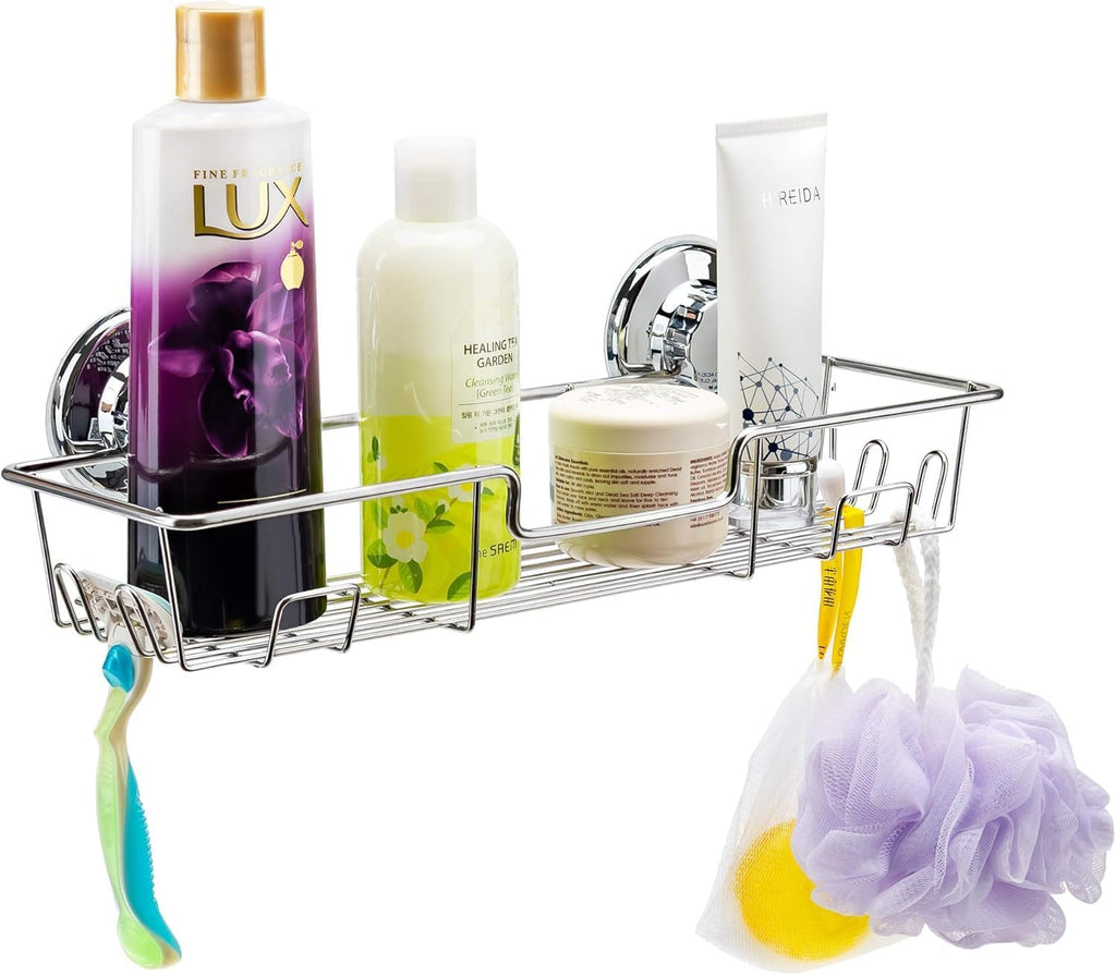 iPEGTOP Strong Suction Cup Shower Caddy Bath Shelf Storage with 4 Side Hooks, Combo Organizer Basket for Shampoo, Conditioner, Soap, Razor Bathroom Accessories, Chrome, 2 Count