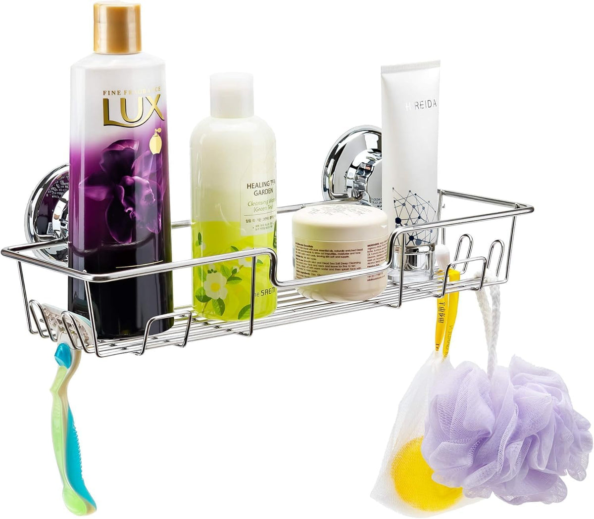 iPEGTOP Strong Suction Cup Shower Caddy Bath Shelf Storage with 4 Side Hooks, Combo Organizer Basket for Shampoo, Conditioner, Soap, Razor Bathroom Accessories, Chrome, 2 Count