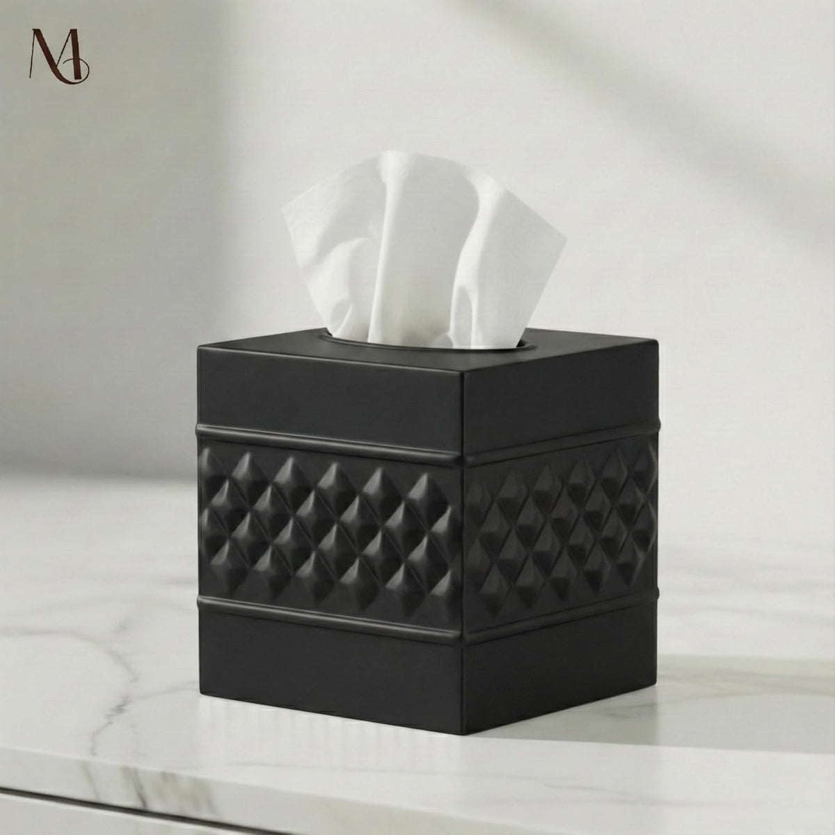 Monarch Abode Tissue Box Cover Square – Handcrafted Geo Embossed Black Metal Tissue Holder Box for Bathroom Accessory, Aesthetic Decorative Facial Napkin Cube for Modern Home Décor