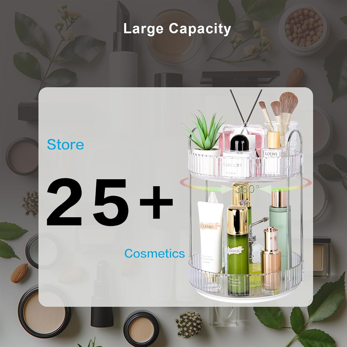 360 Rotating Makeup Organizer, 2 Tier Lazy Susan Bathroom Counter Organizer, Skincare Organizers, Spinning Perfume Organizer & Vanity Organizer Countertop (Silver Clear, 2 Tier)