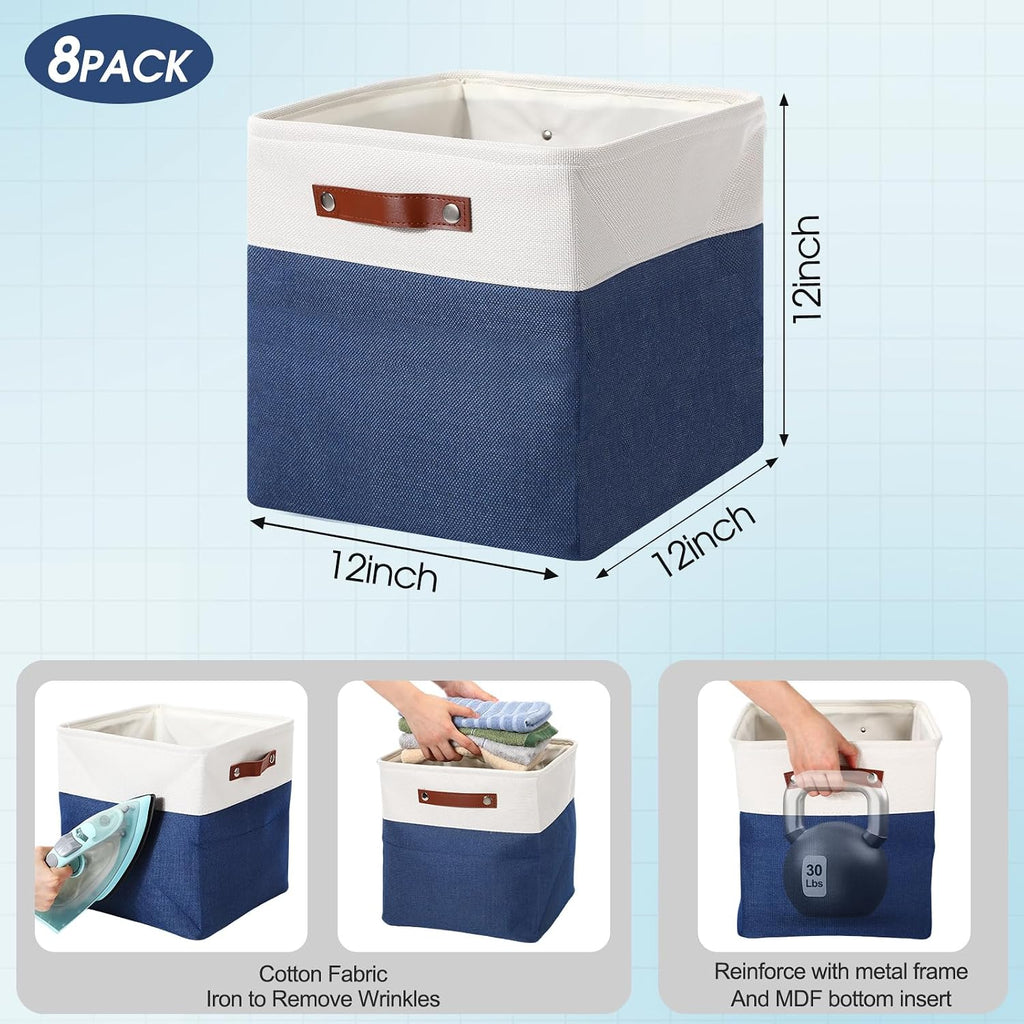 Uiifan 12 x 12 x 12 Inch 8 Pack Fabric Storage Baskets with Handles, Blue