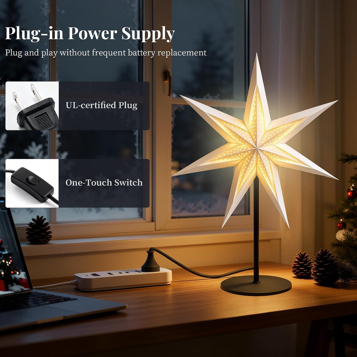 Lewondr 3D Christmas Paper Star Table Lamp, 17.72" 7-pointed Xmas Star