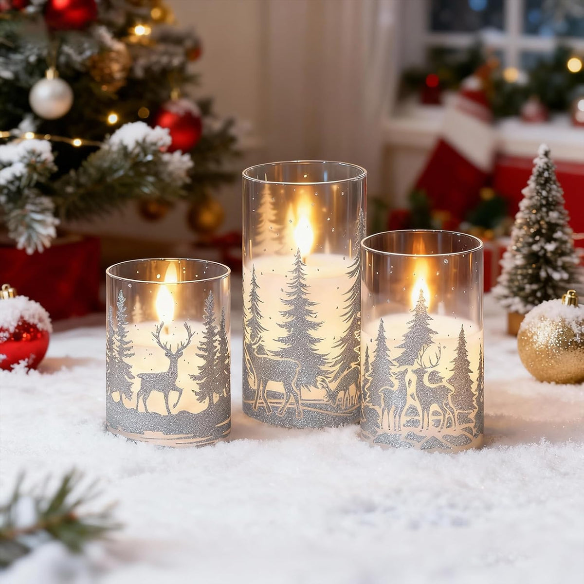 Christmas Deer LED Glass Flameless Candles Battery Operated Remote Timer