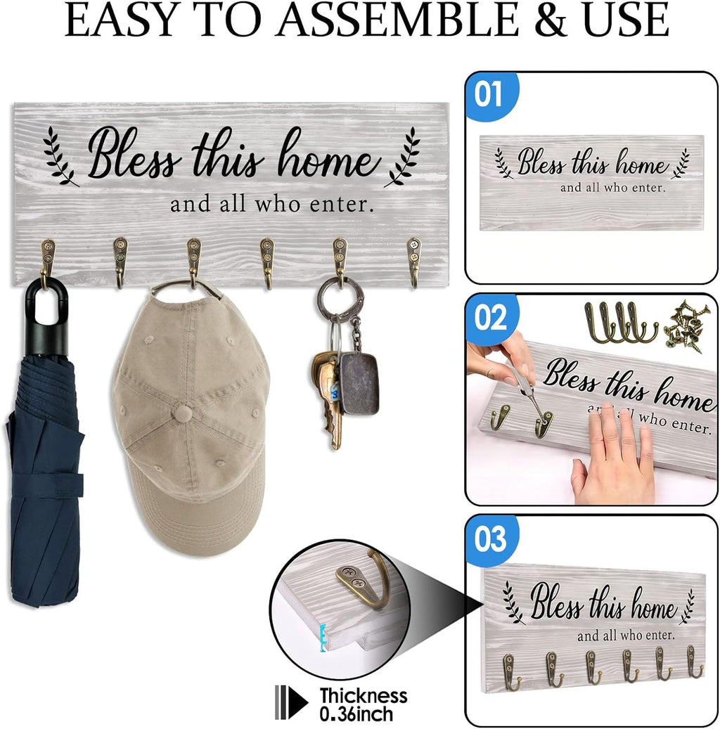 AHYS Key Holder Wall Mount with Words “Bless This Home”, Rustic Wooden Key Hanger with 6 Hooks for Farmhouse Home Entryway Living Room Decor - Light Grey