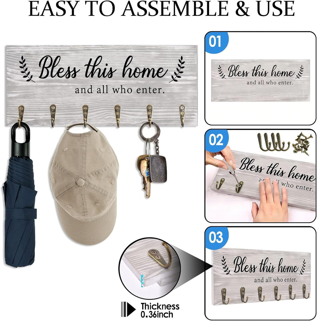 AHYS Key Holder Wall Mount with Words “Bless This Home”, Rustic Wooden Key Hanger with 6 Hooks for Farmhouse Home Entryway Living Room Decor - Light Grey