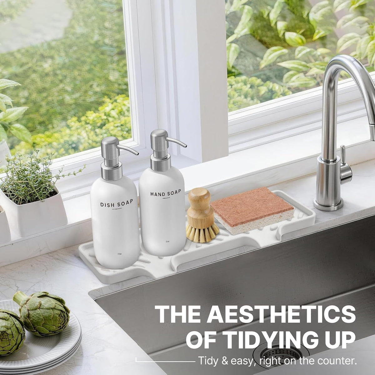 Kitchen Soap Dispenser Set with Self Draining Silicone Tray, Silver
