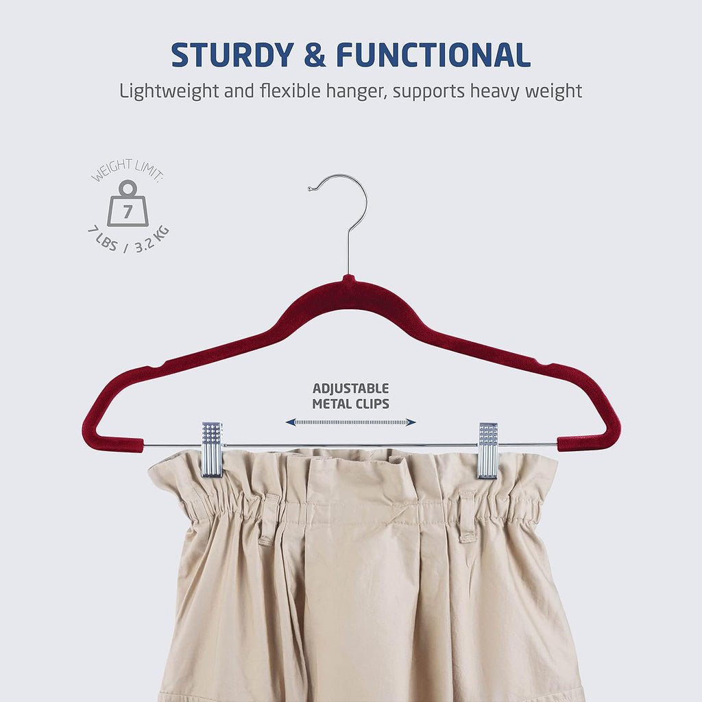 Zober Velvet Hangers with Clips - 20 Piece Set for Pants, Skirts, Suits, Dresses & Shirts - Notched Burgundy Velvet, Non Slip Felt, 360 Degree Hook