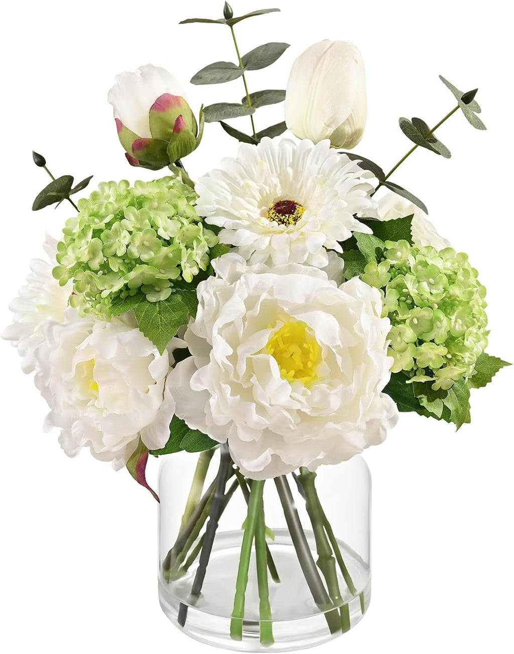 Livole Artificial Faux Flowers with Vase & Water Silk Fake Flowers, White