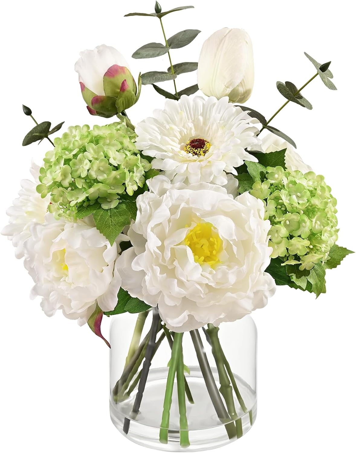Livole Artificial Faux Flowers with Vase & Water Silk Fake Flowers, White