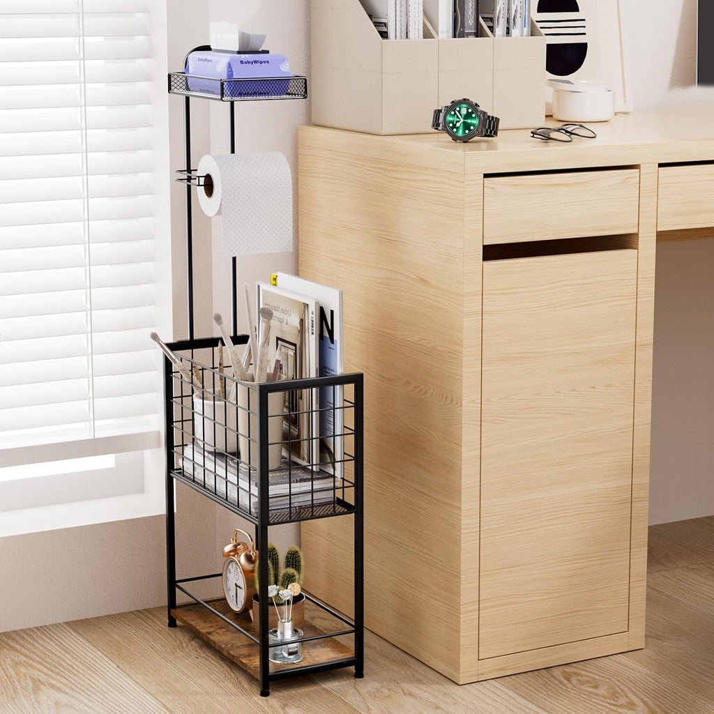 SWTYMIKI Freestanding Toilet Paper Holder - 4-Tier Free Standing Toilet Paper Holder Stand with Large Basket, Stand Mega Roll Storage Rack for Extra Rolls, Magazines, Wet Wipes, Black