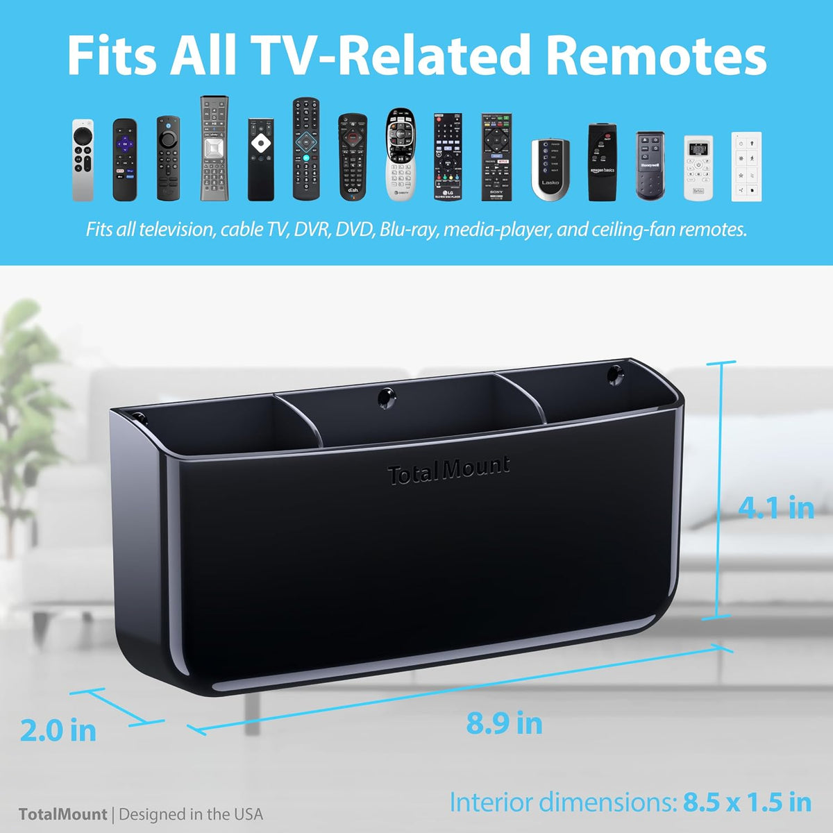 TotalMount Drop-Free Remote Holder – Removable Adhesive Strips – XL Black