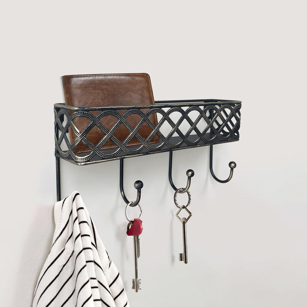 Celtic Knot Key Holder Wall Shelf - Entryway Wall Mounted Organizer with 4 Hooks, Metal Storage for Keys, Wallets, Bags, Hats (Antique Black)