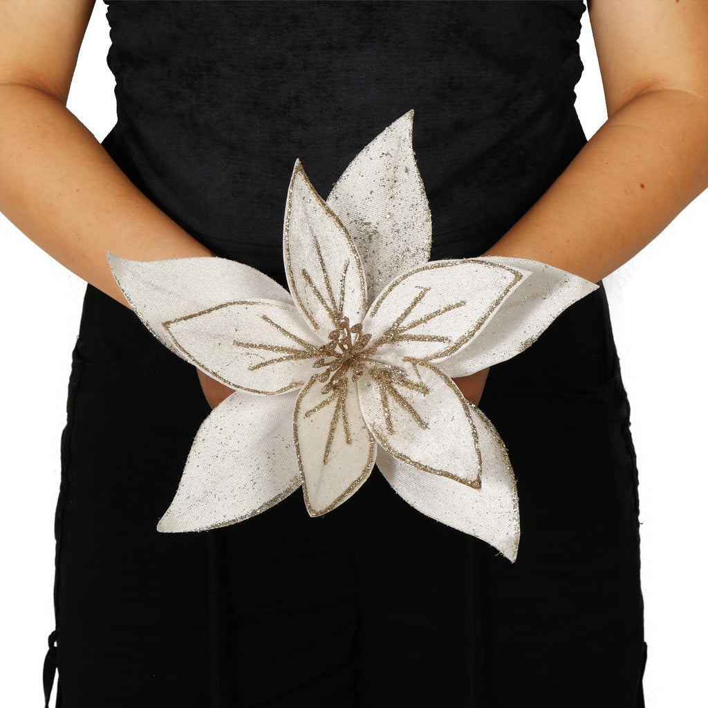 10.2’’ Large Glitter Christmas Flowers 6 Pcs Artificial Poinsettia Flower Velvet Christmas Tree Flower Ornaments Fold Floral for Christmas Decorations New Year Party Wedding (Cream White)