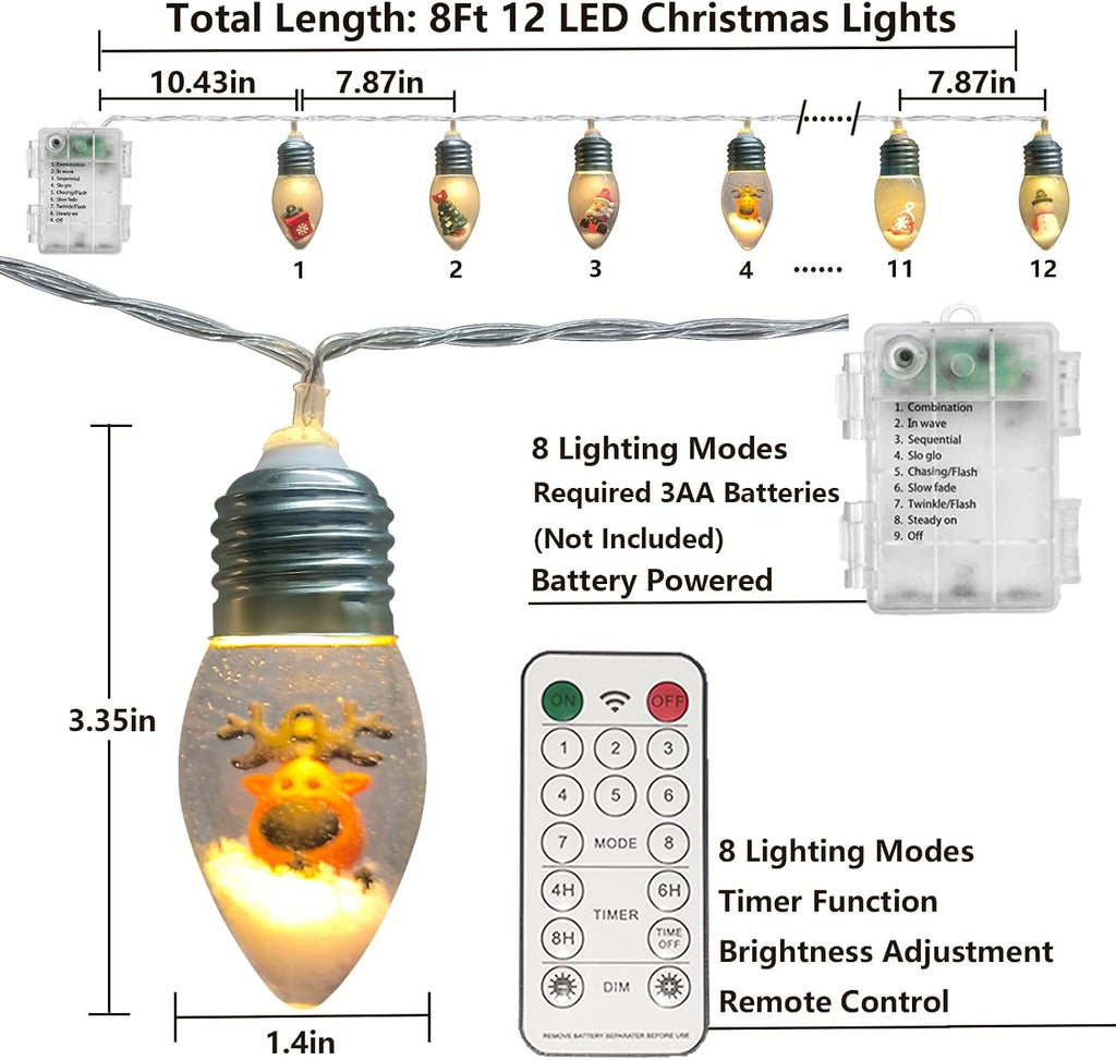 Christmas Lights Indoor Battery Powered 8Ft 12 LED Christmas Snow Globe Lights with Timer, Classic Xmas String Light for Indoor Bedroom Party Vintage Xmas Decor