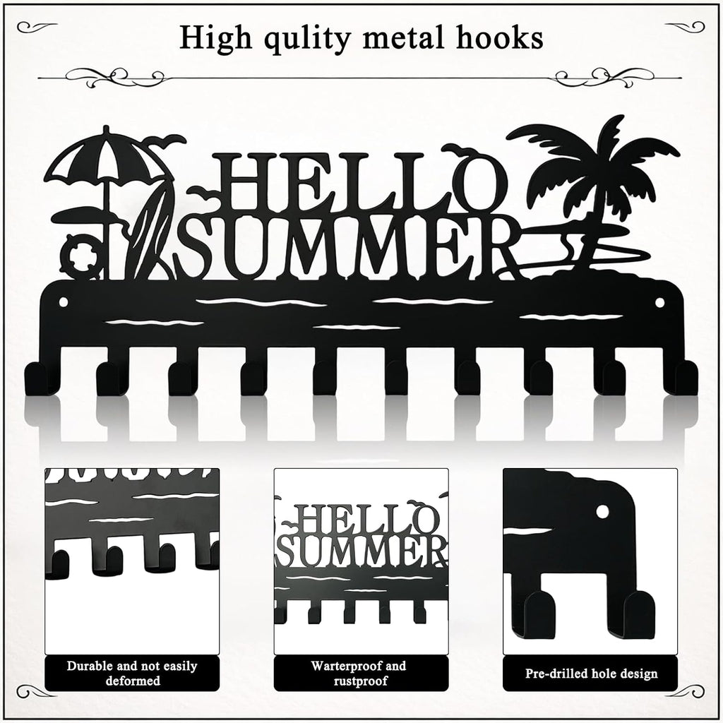Metal Key Holder Wall Mount, Coastal Beach Key Rack Hooks, Hello Summer