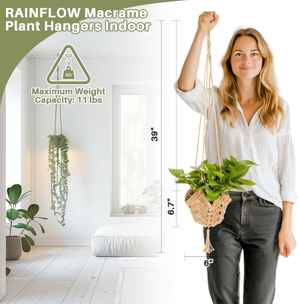 RAINFLOW Indoor Macrame Plant Hangers 2 Pack, Jute Plant Holders