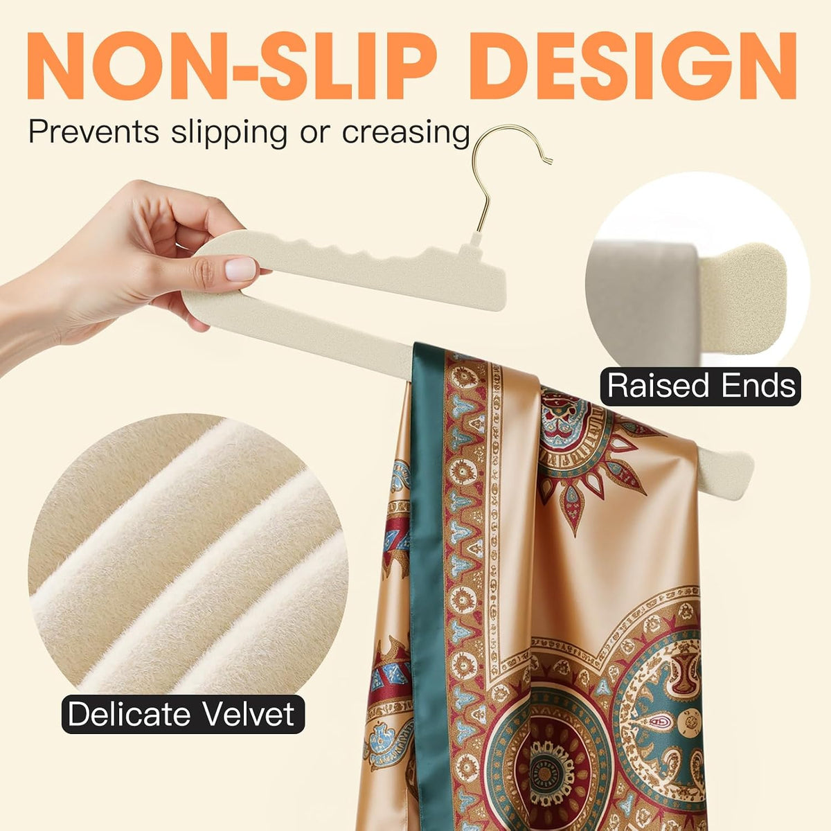 Flottian 20 Pack Velvet Pants Hangers - Open Ended Non-Slip Heavy Duty Closet Organizers with 360° Swivel Hook, Space-Saving Felt Hangers for Pants, Jeans, Dresses & Towels, Beige