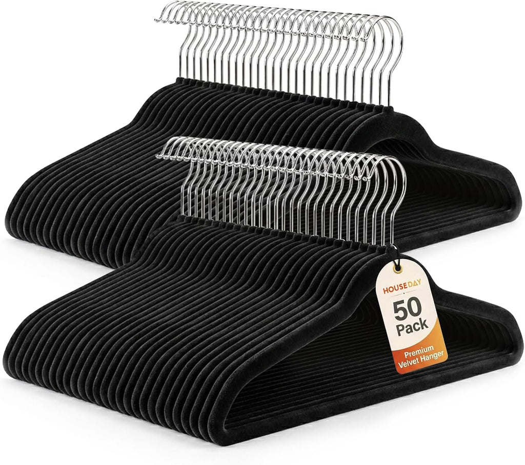 HOUSE DAY Black Velvet Hangers 50 Pack - Non Slip Felt Hangers, No Wrinkles