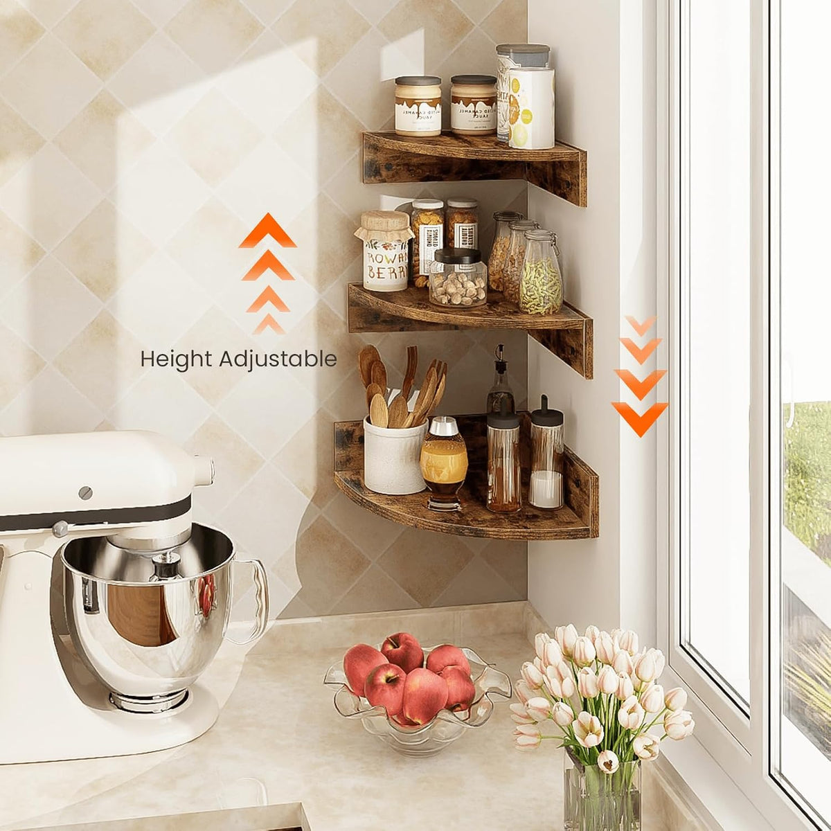 Homode Corner Shelf Wall Mount, Set of 3 Floating Corner Shelves with Cord Hole, 3 Tier Wood Wall Display Shelf, Storage for Bathroom Living Room Kitchen Bedroom, Rustic Brown and Black