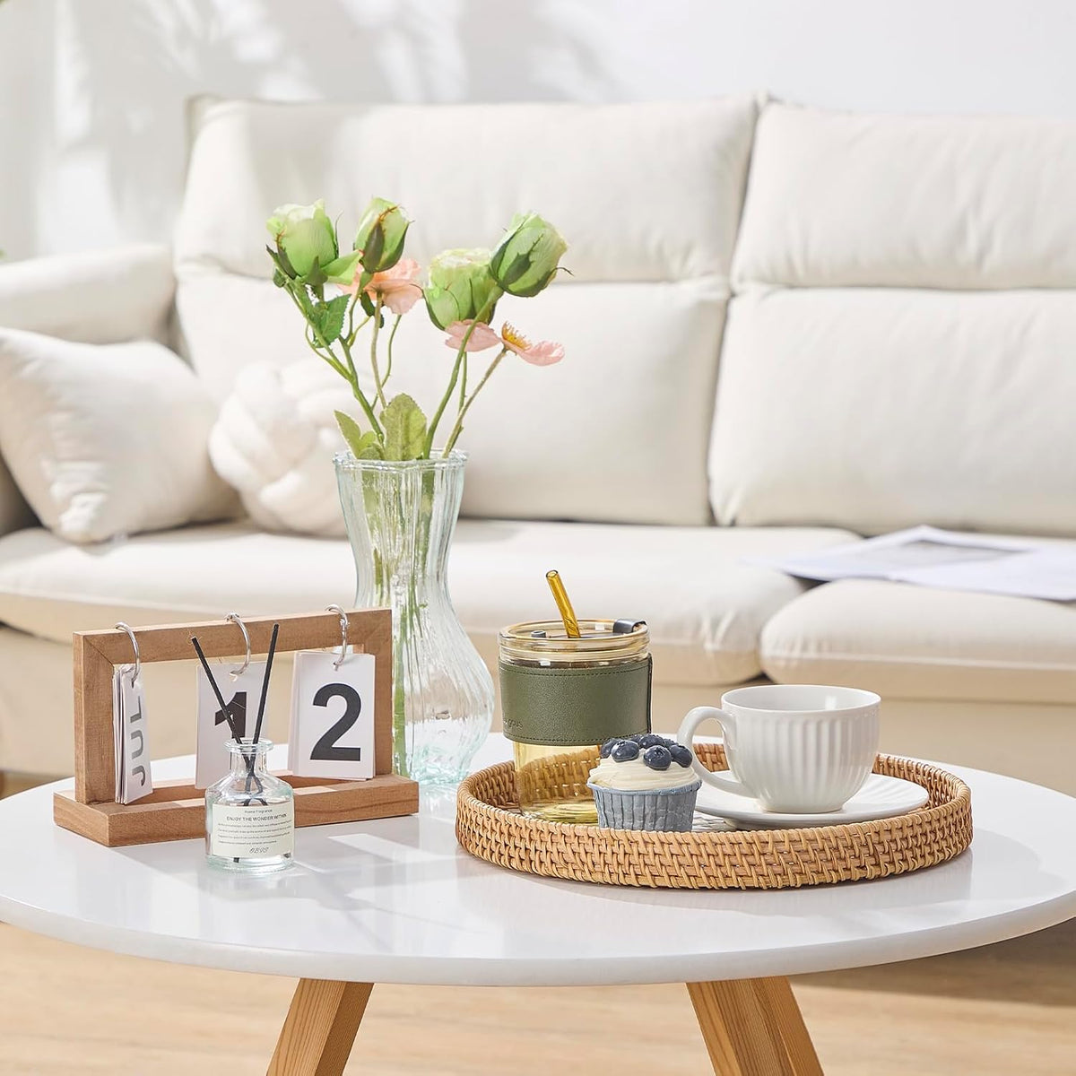 Round Rattan Tray with Mother of Pearl Inlay, Rattan Serving Tray with Wooden Base, Decorative Wicker Basket for Table Decor, Storage and Display of Coffee Bread Food Fruit (Checkerboard 13.5")