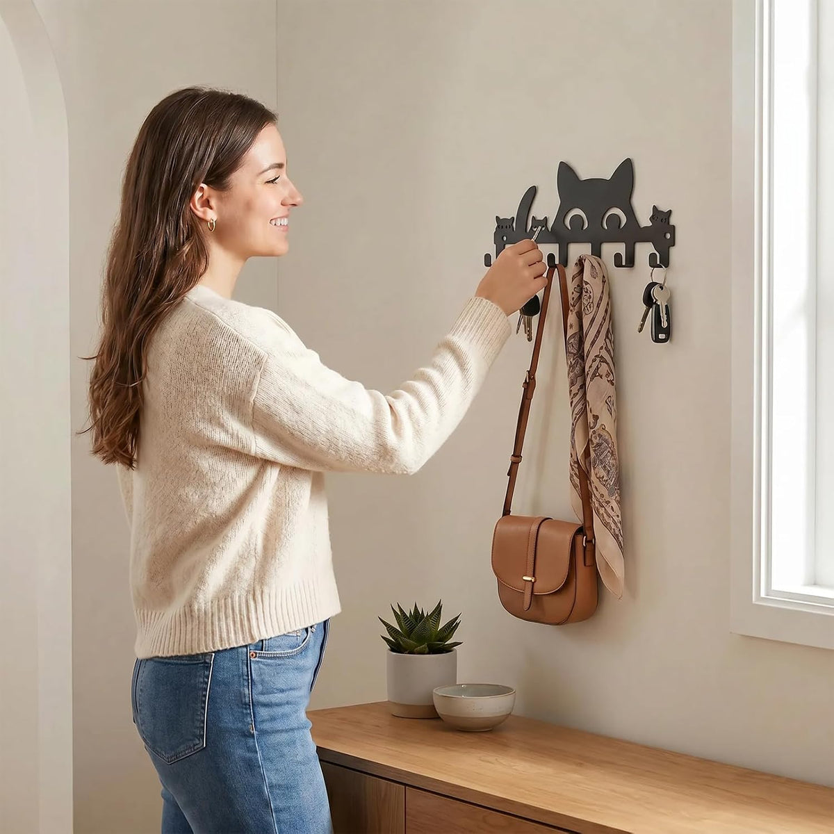 Cat Key Holder for Wall, 4-Cat Key Hanger with 8 Hooks