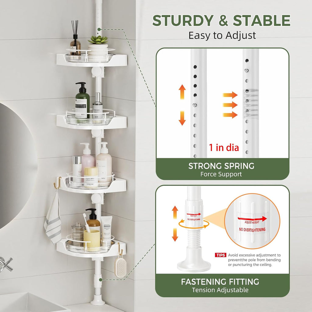 360°Rotating Corner Shower Caddy Organizer Tension Pole,White