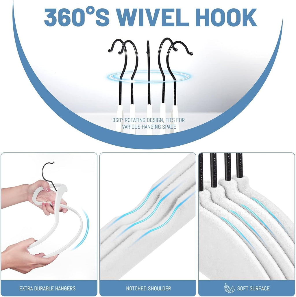 HOUSE DAY White Velvet Hangers 60 Pack, Non Slip Felt Hanger +Black Hook