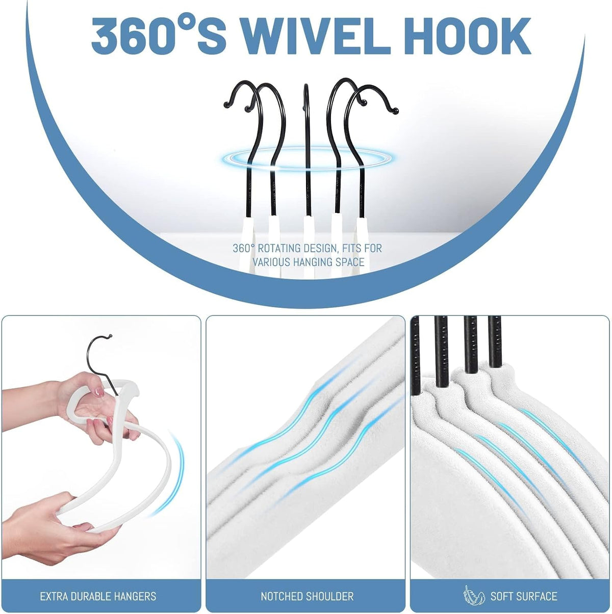 HOUSE DAY White Velvet Hangers 60 Pack, Non Slip Felt Hanger +Black Hook