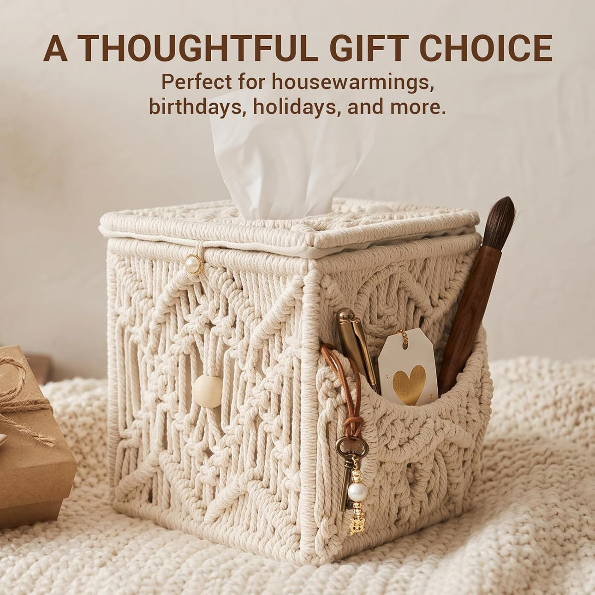 Macrame Tissue Box Cover, Boho Square Tissue Holder, Handmade Woven Cotton Rope Decorative Facial Tissue Dispenser for Bathroom Vanity, Living Room, Bedroom and Office, Off-White