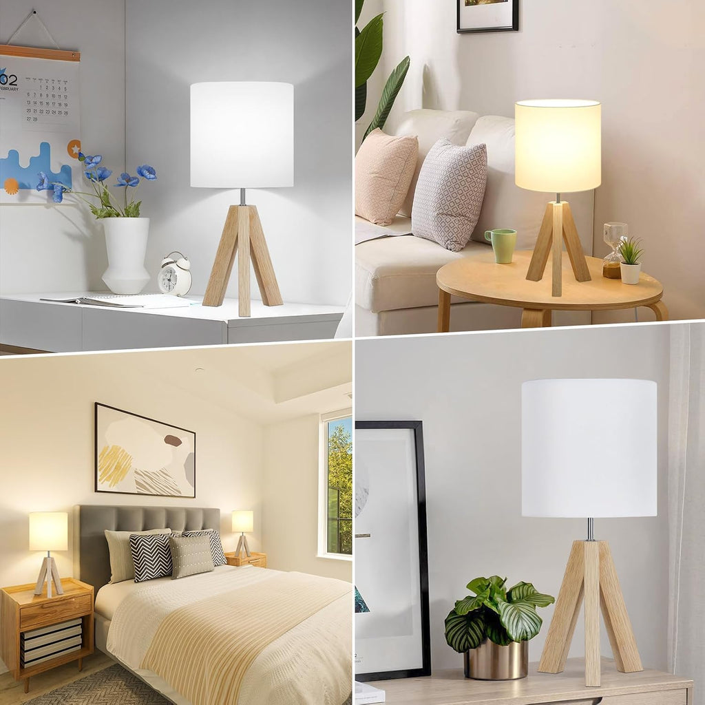 Brightever Small Beside Table Lamp, Wood Tripod Table Lamp with White Fabric Shade, Cute Boho Nightstand Minimalist Desk Lamp for Bedroom Living Room Nursery Kids Room Office Dorm, Bulb Not Included