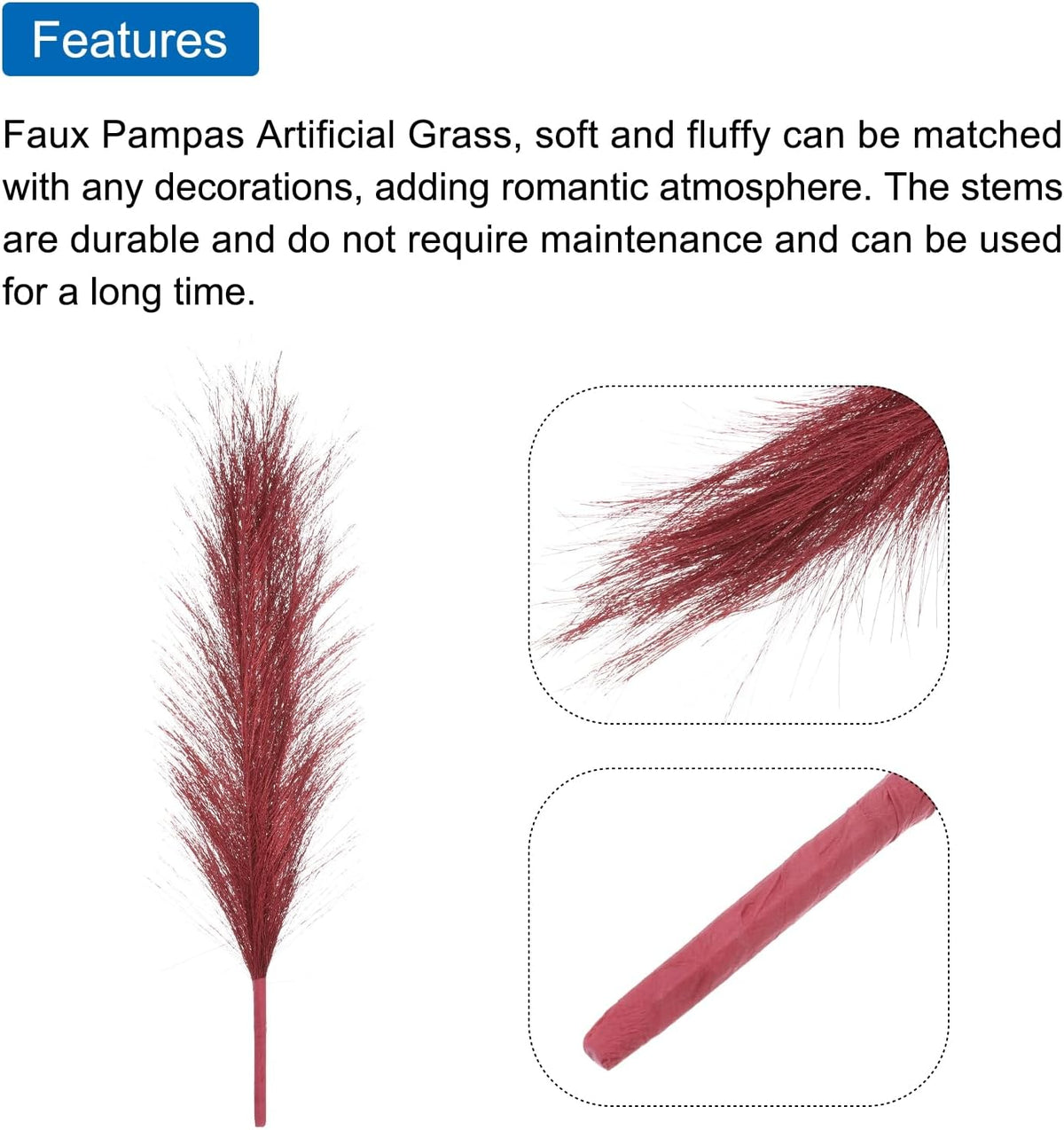 MECCANIXITY 1Pcs Faux Pampas Grass Small 45cm/17.7" Fake Fluffy Pampas Grass 7 Branches Artificial Vase Filler for Home Office Vase Wedding Decoration Red